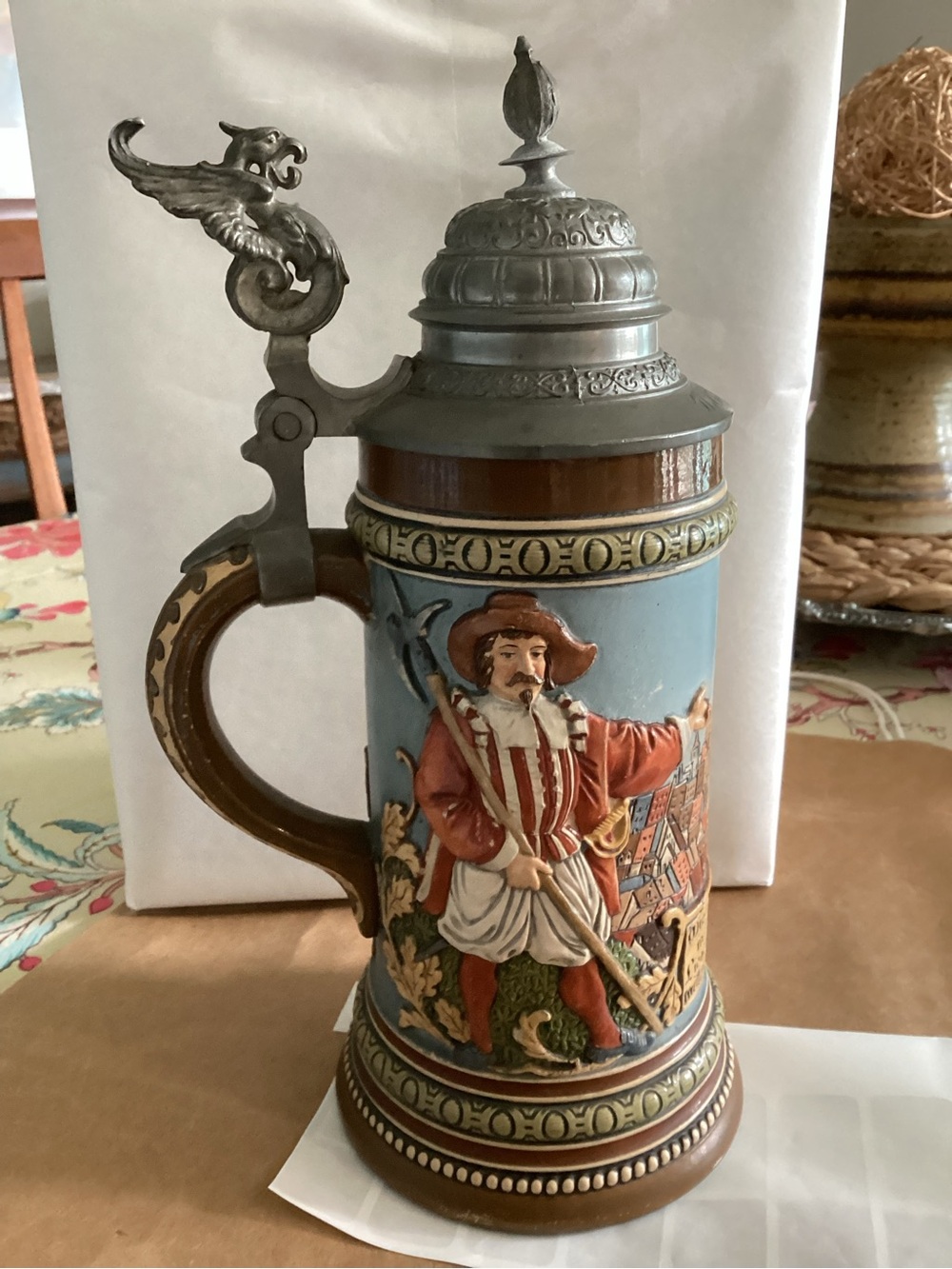 German Pre-WWII Beer Stein with Eagle Embellished Pewter Lid